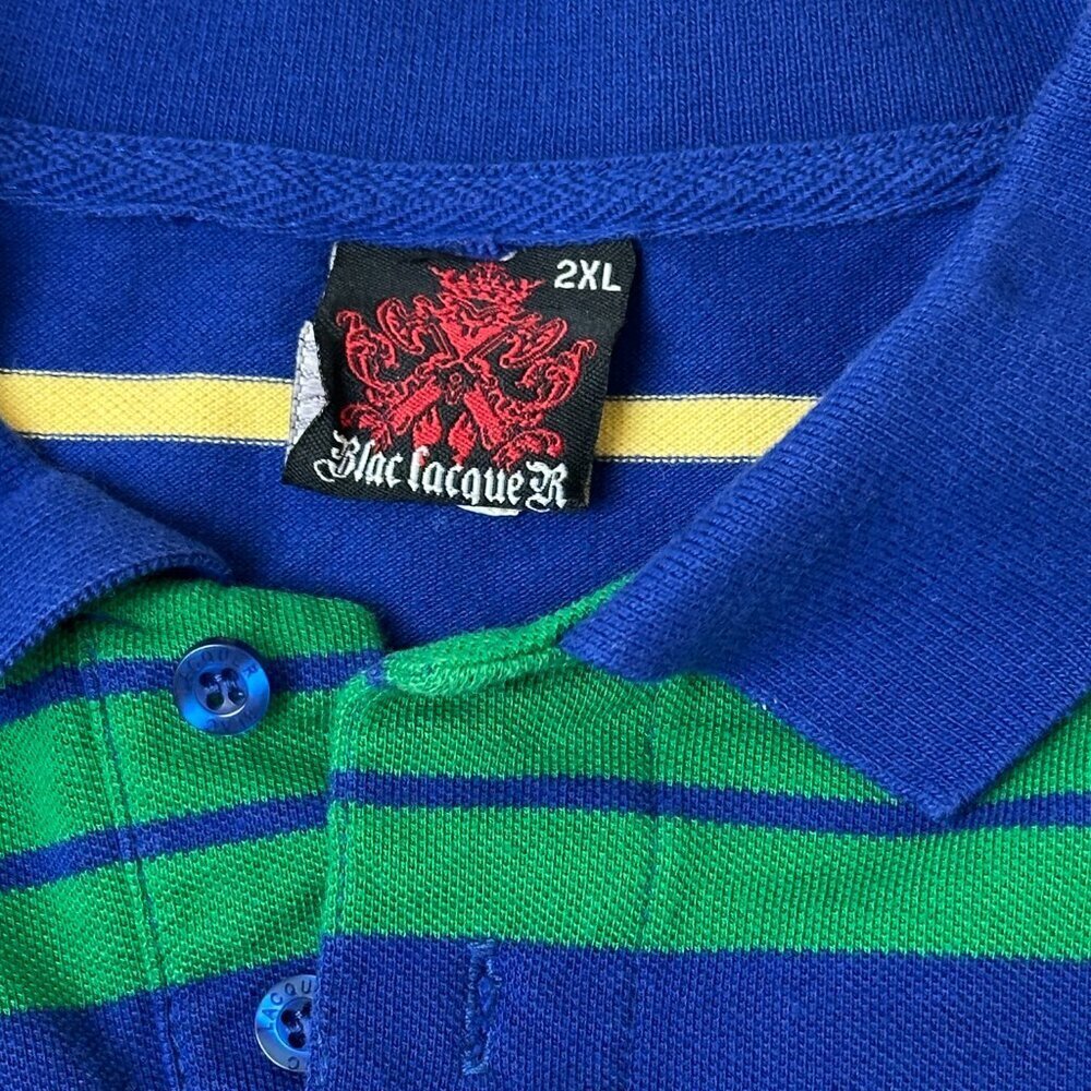 Black Lacquer Polo Shirt Mens 2XL Blue Green Yellow Striped Short Sleeve Casual - Picture 3 of 10